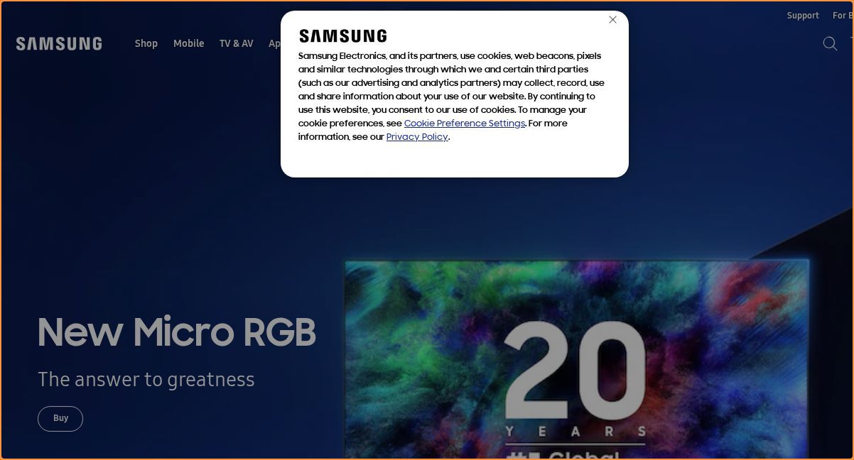 Call-to-action area of samsung.com