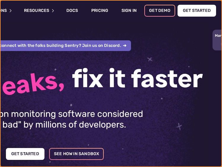 Call-to-action area of sentry.io