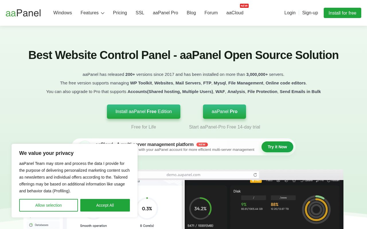 Screenshot of aapanel.com