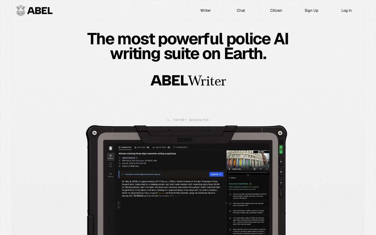 The abelpolice.com homepage, first screen