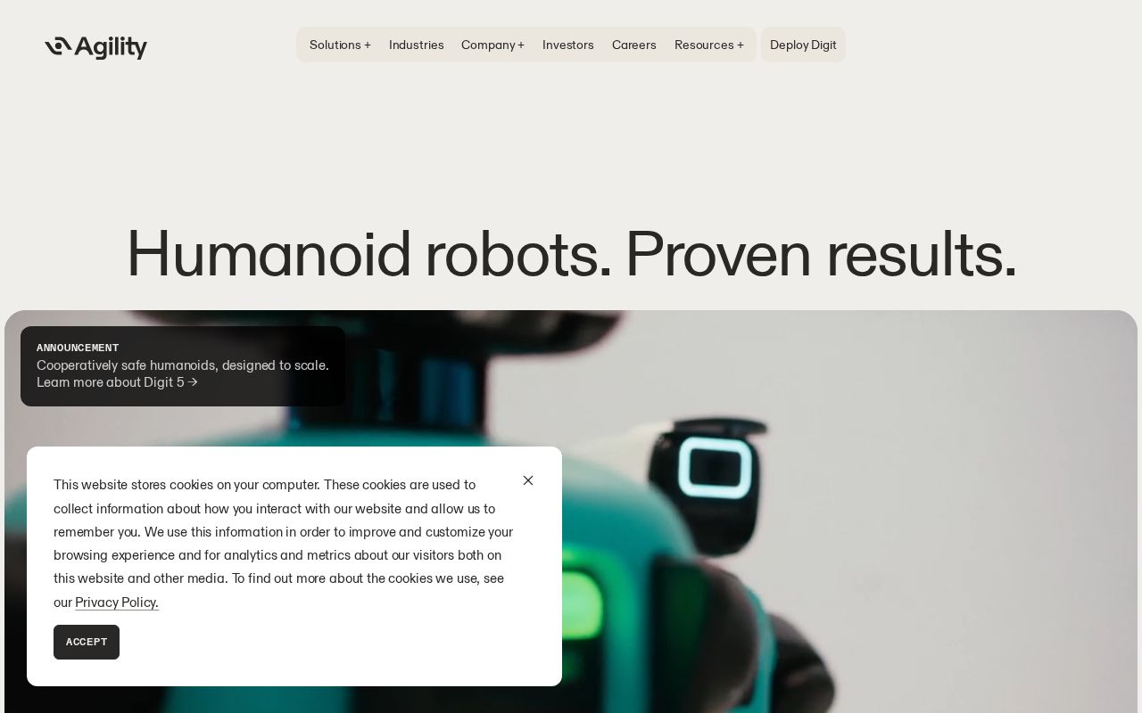 The agilityrobotics.com homepage, first screen