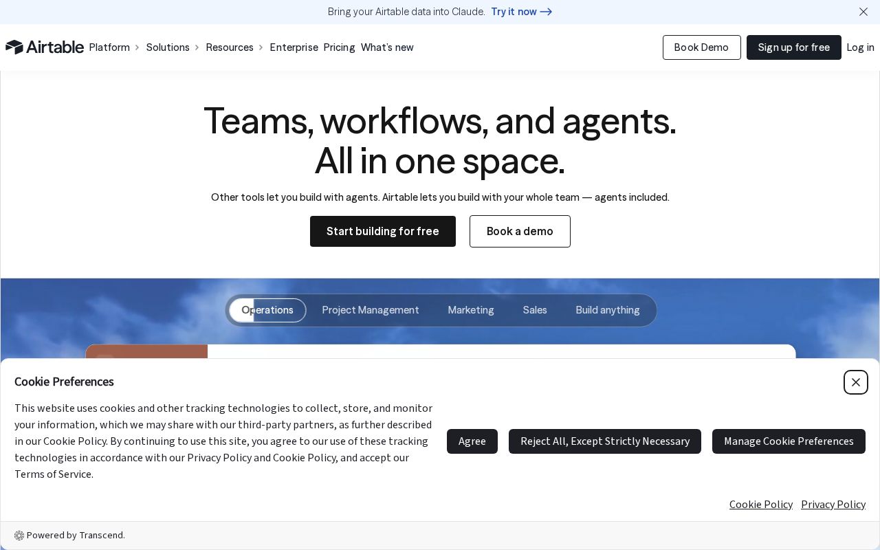 The airtable.com homepage, first screen