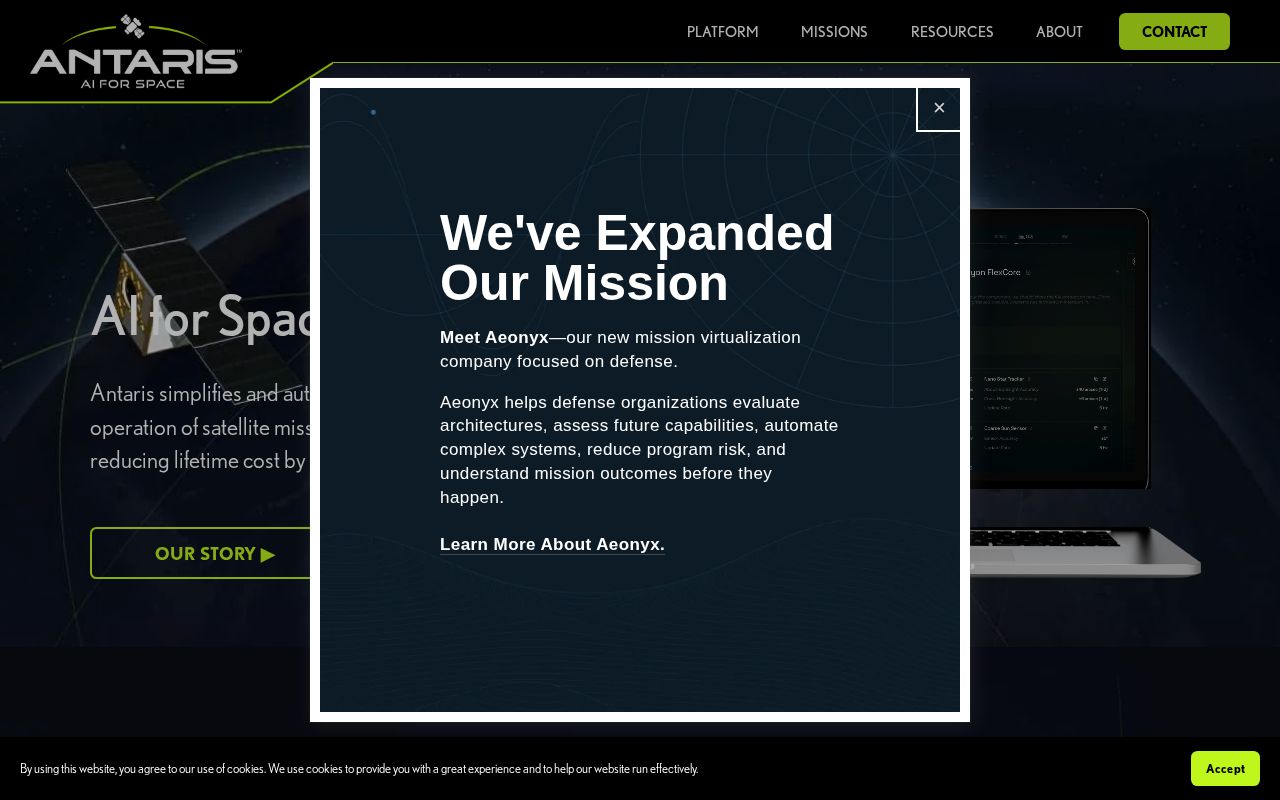 The antaris.space homepage, first screen