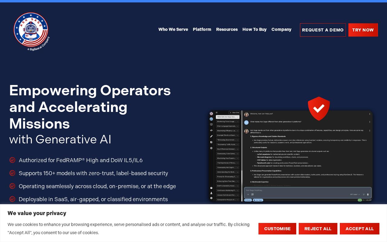 The asksage.ai homepage, first screen