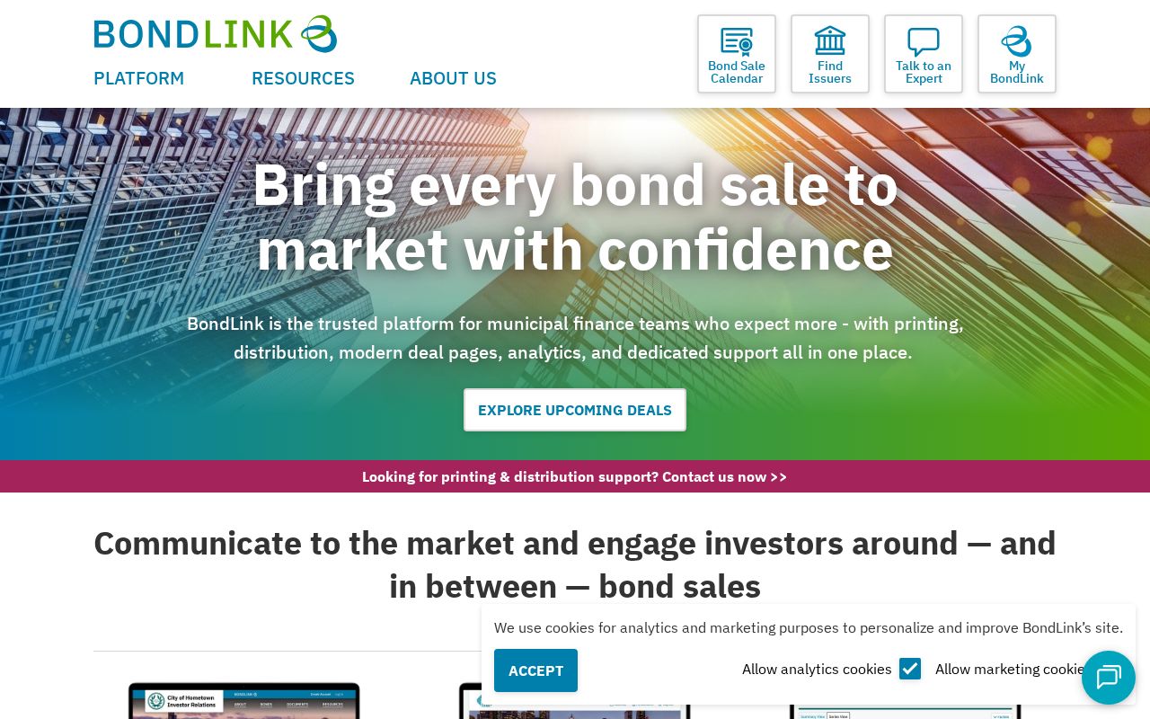 The bondlink.com homepage, first screen
