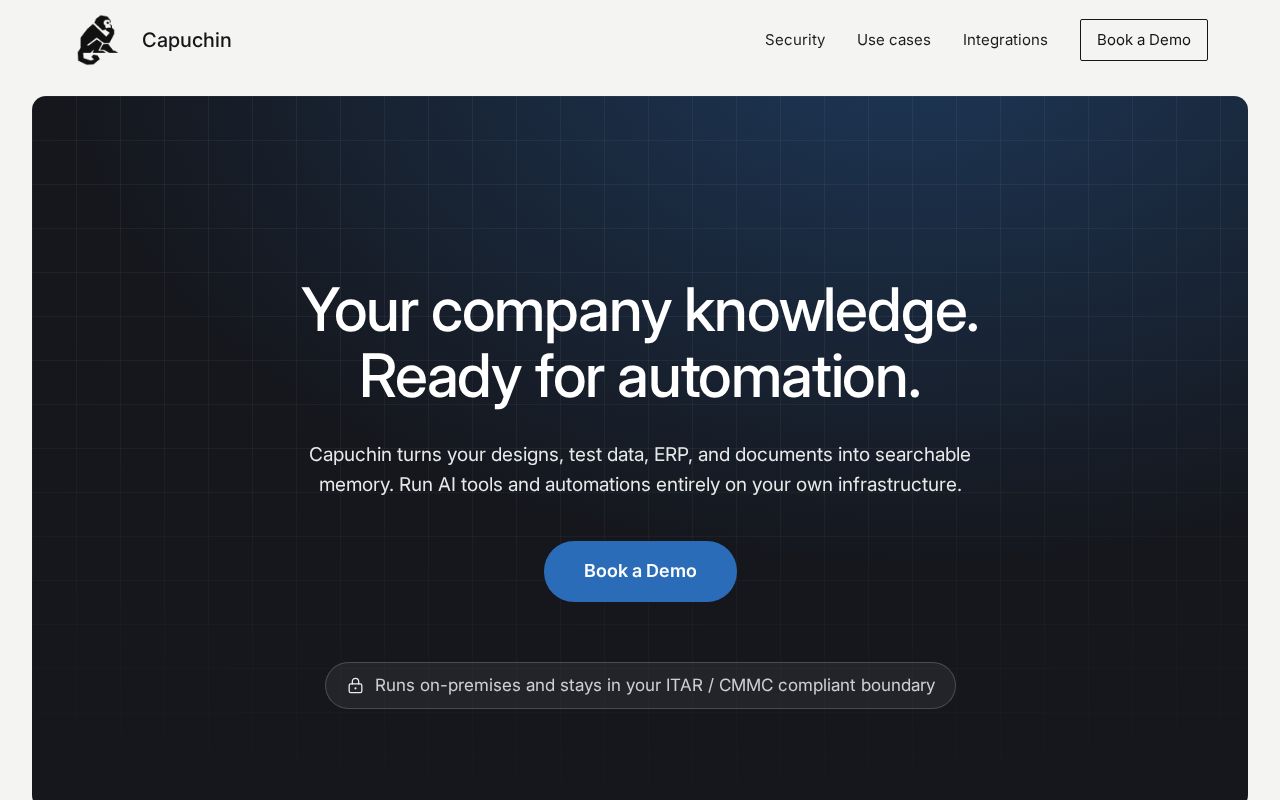The capuchin.ai homepage, first screen