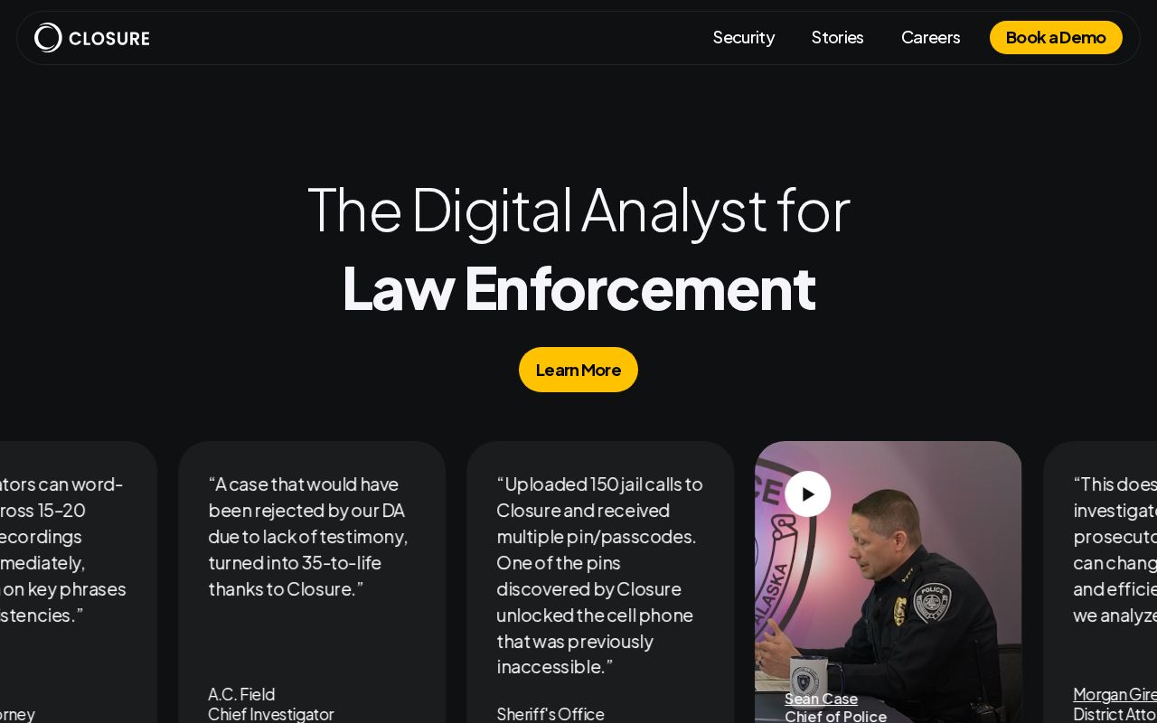 The closure-intel.com homepage, first screen