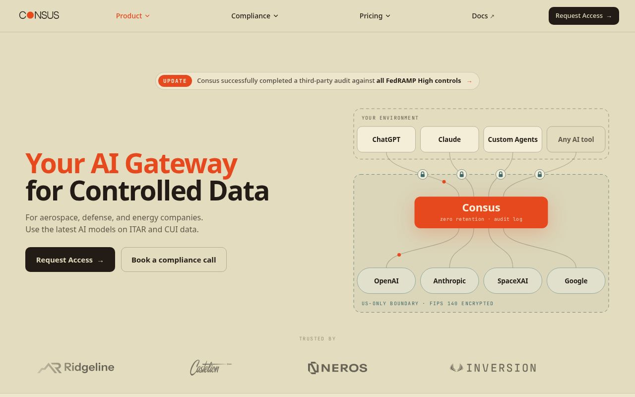 The consus.io homepage, first screen