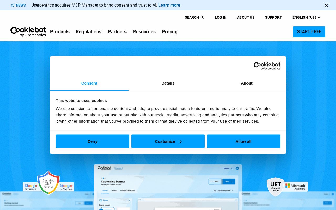 Screenshot of cookiebot.com
