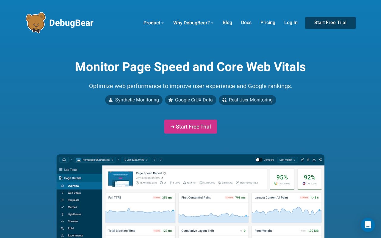 Screenshot of debugbear.com