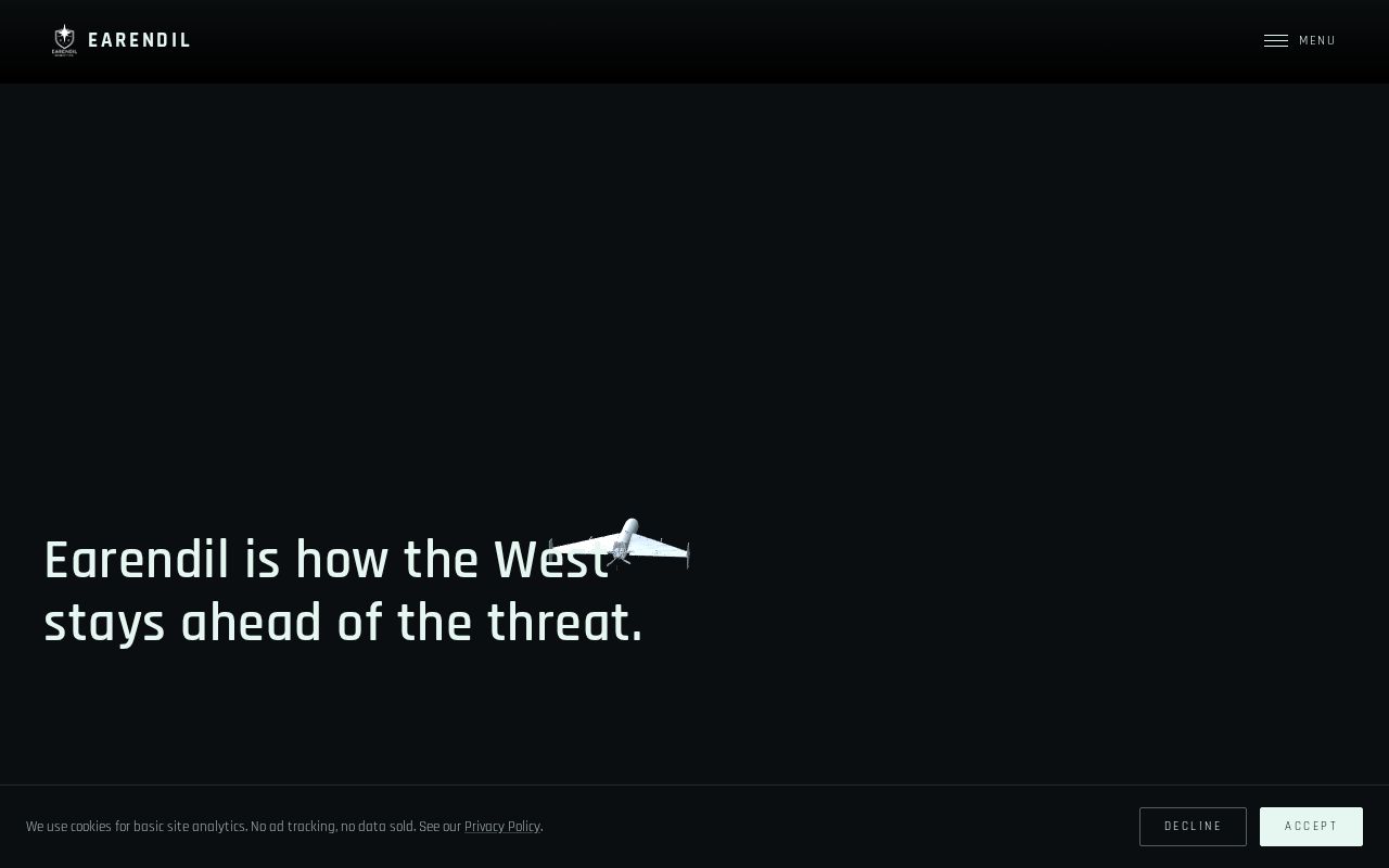 The earendil.io homepage, first screen