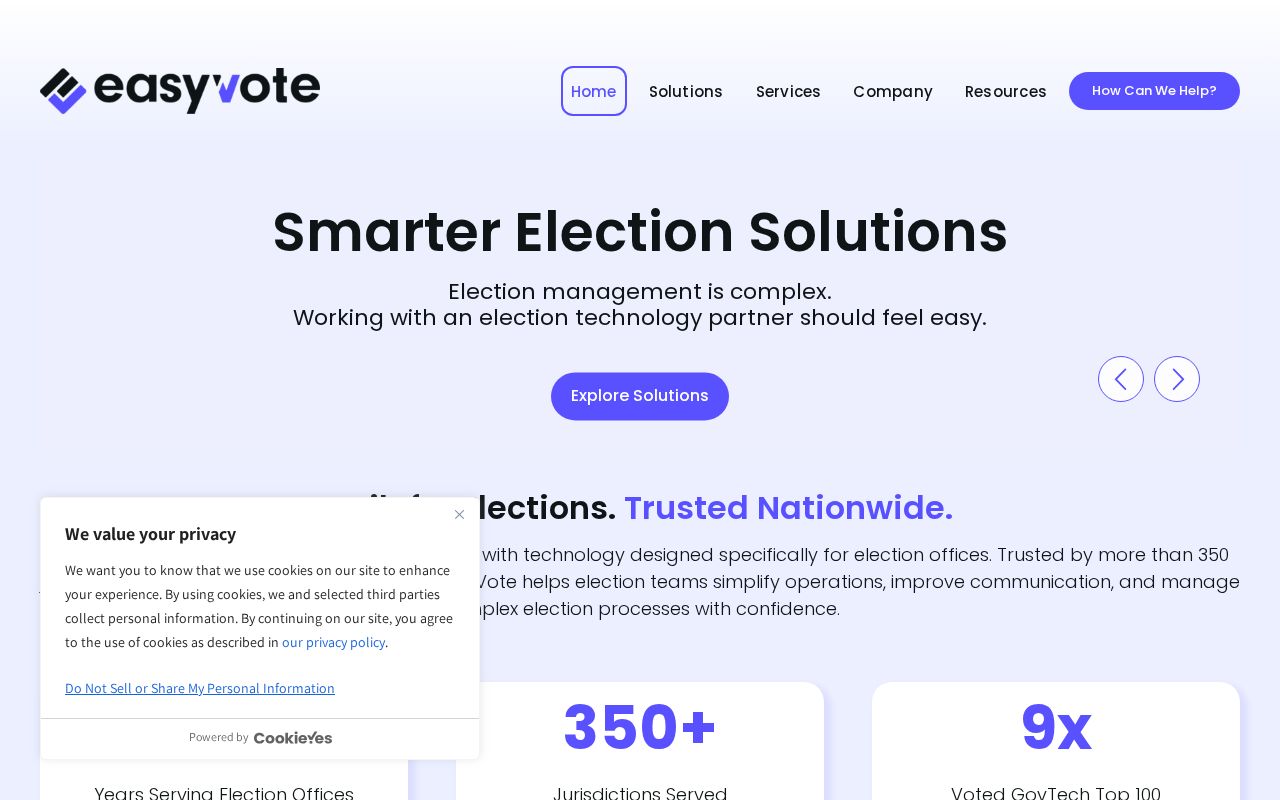 The easyvotesolutions.com homepage, first screen