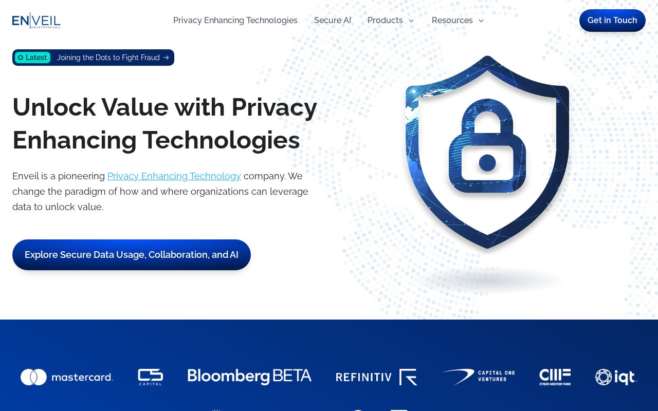 The enveil.com homepage, first screen