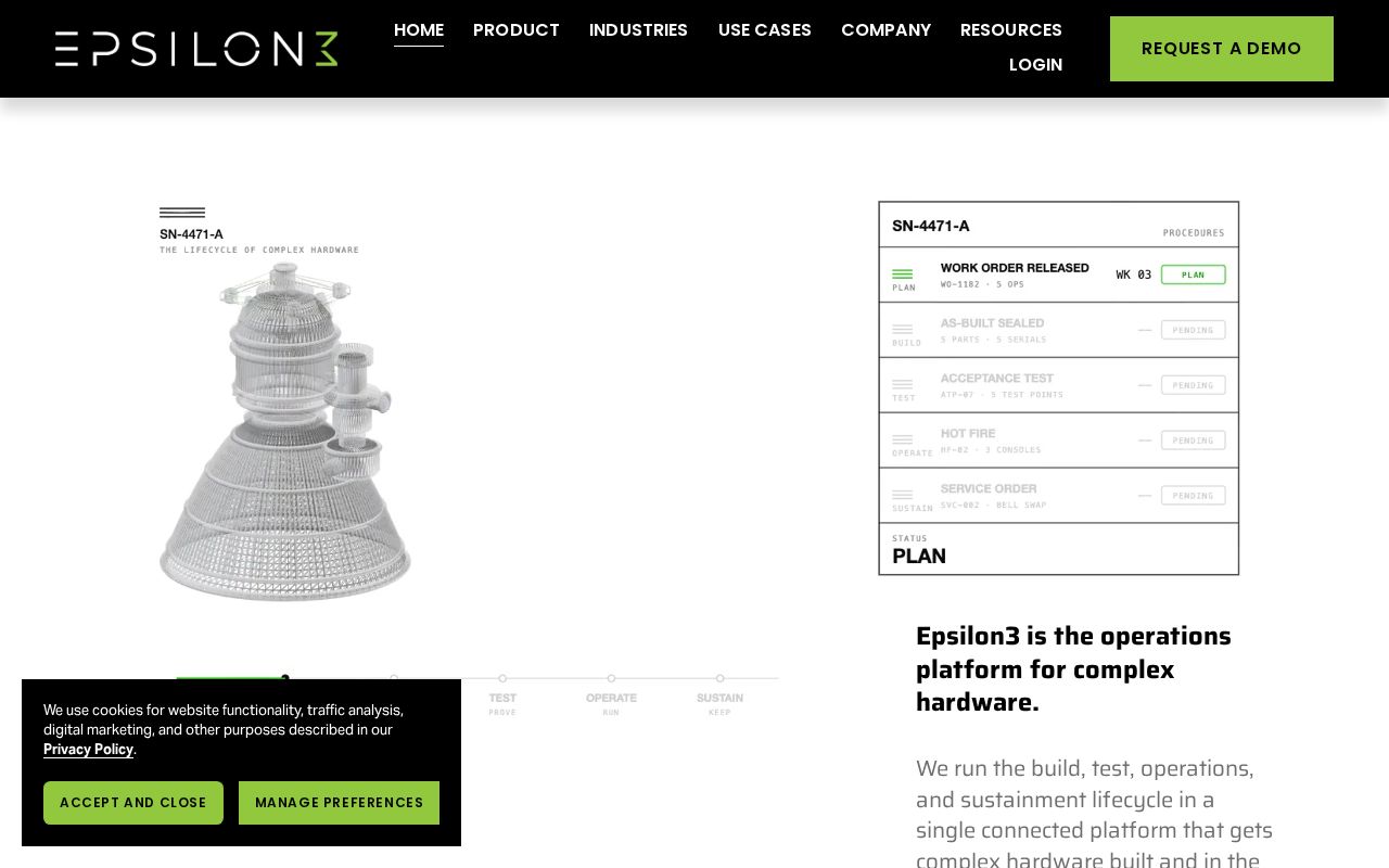 The epsilon3.io homepage, first screen
