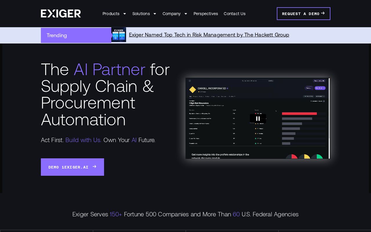 The exiger.com homepage, first screen