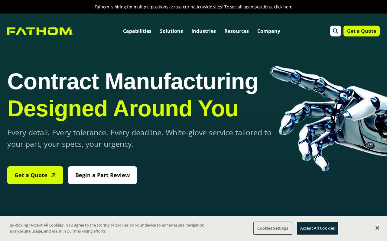The fathommfg.com homepage, first screen
