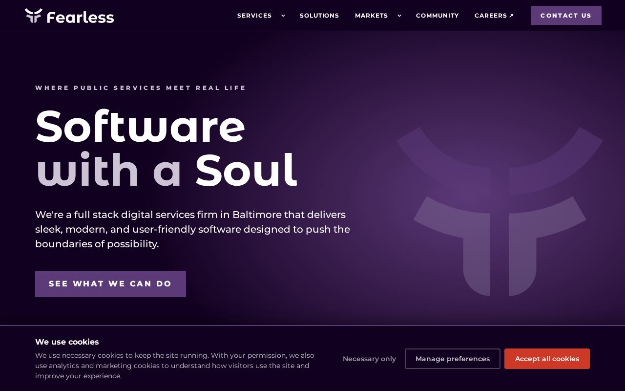 The fearless.com homepage, first screen