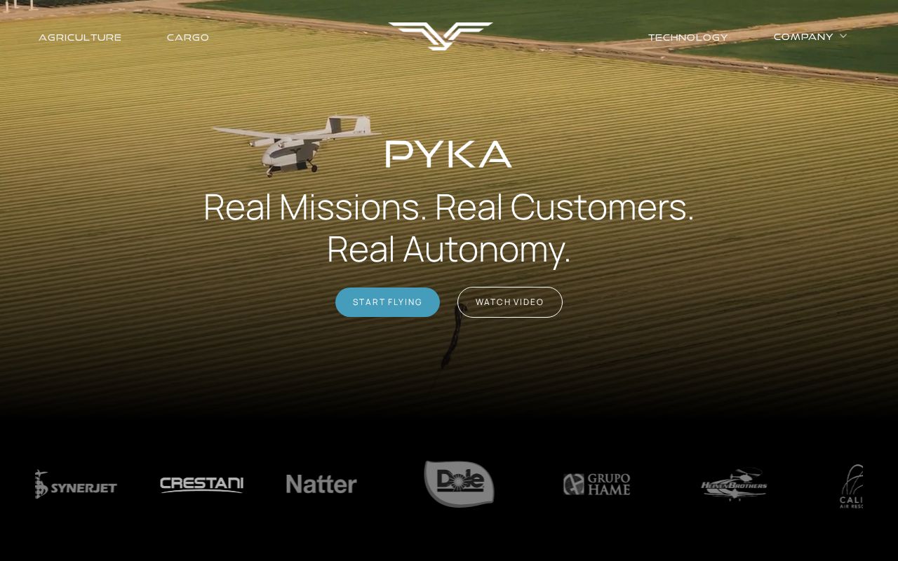 The flypyka.com homepage, first screen
