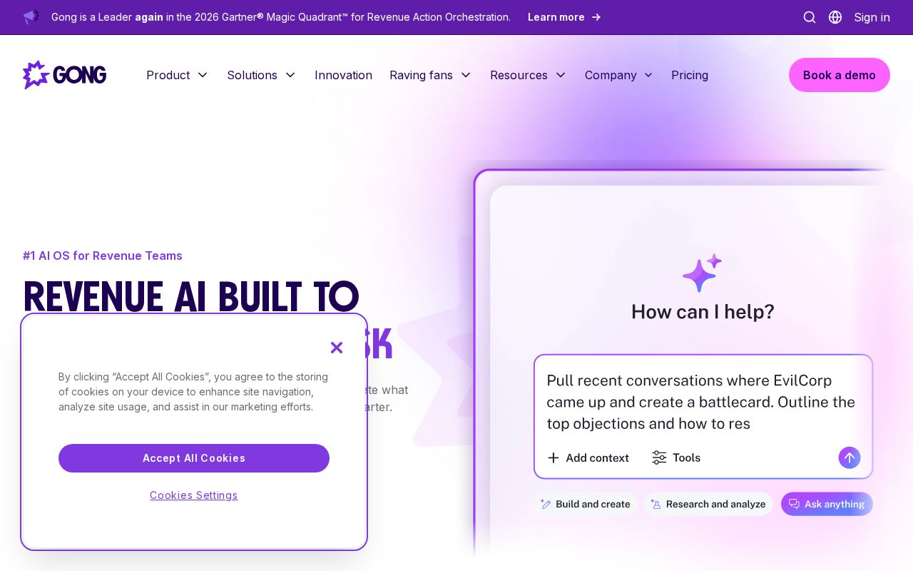 The gong.io homepage, first screen