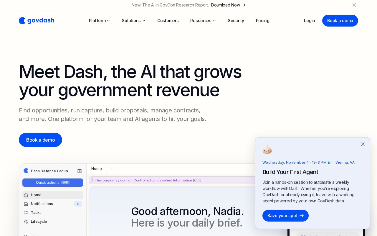 The govdash.com homepage, first screen