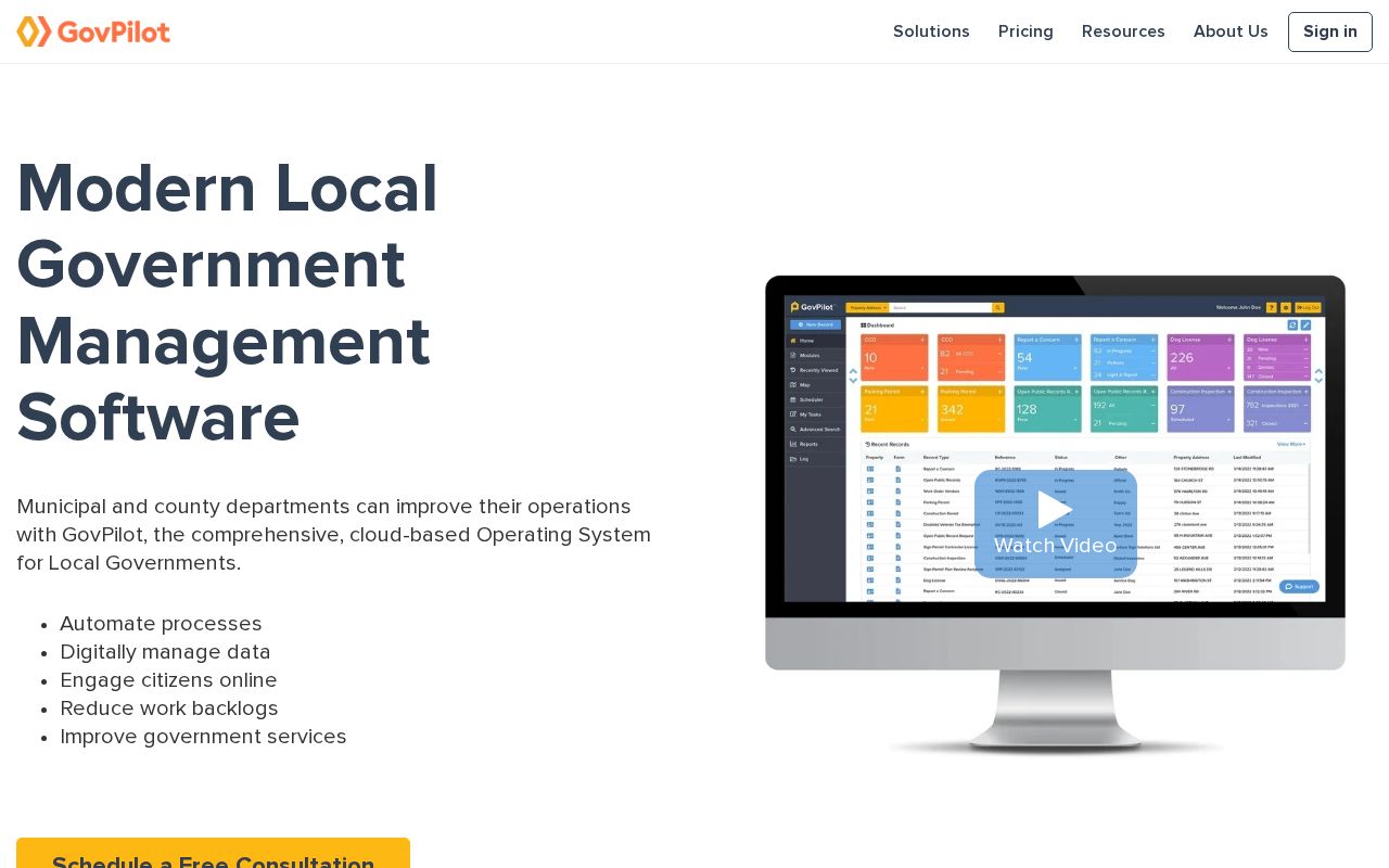 The govpilot.com homepage, first screen