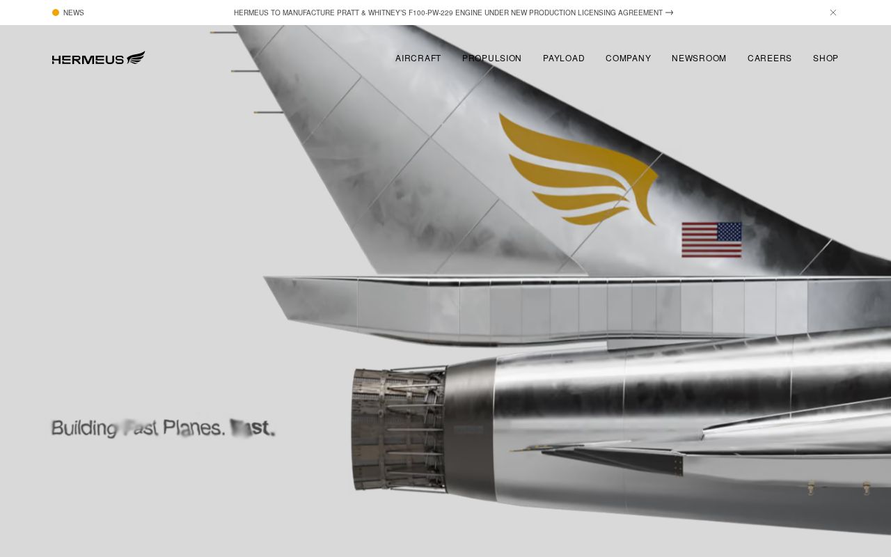 The hermeus.com homepage, first screen