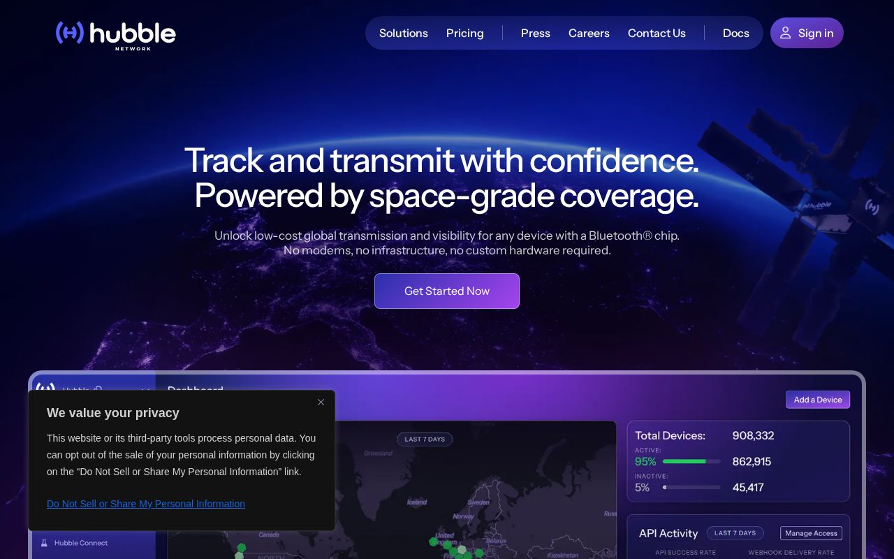 The hubble.com homepage, first screen