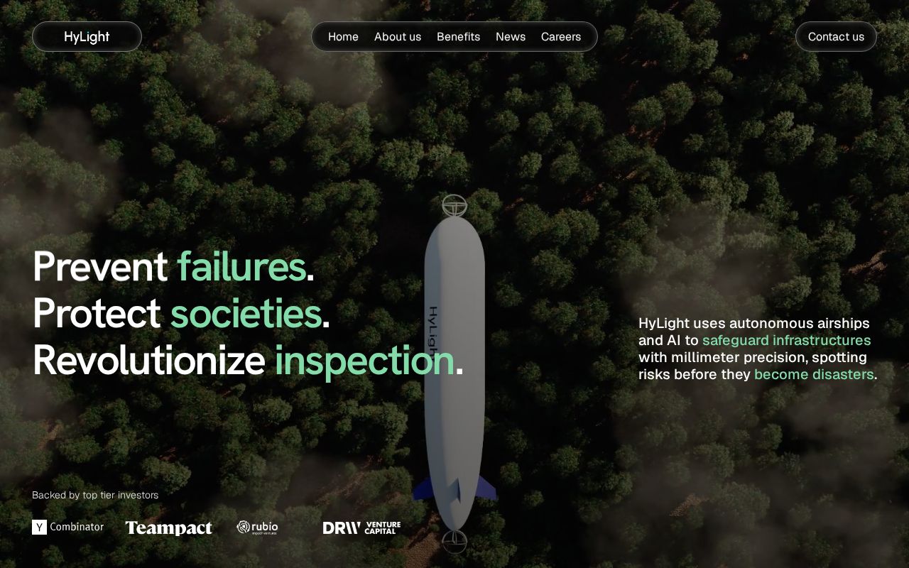 The hylight.aero homepage, first screen