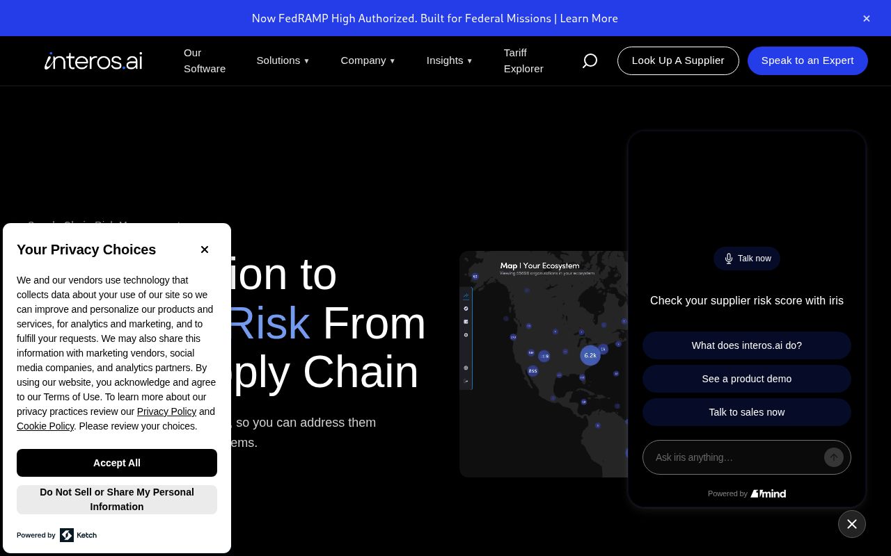 The interos.ai homepage, first screen