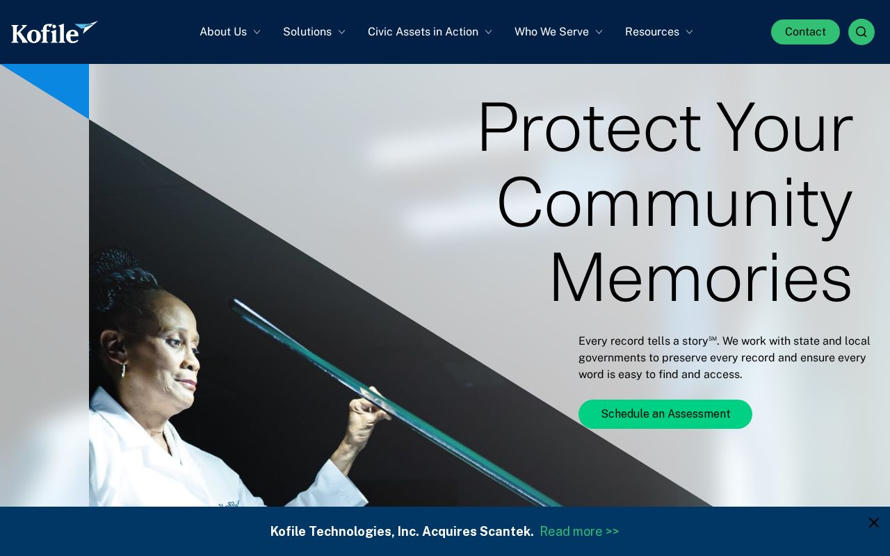 The kofile.com homepage, first screen