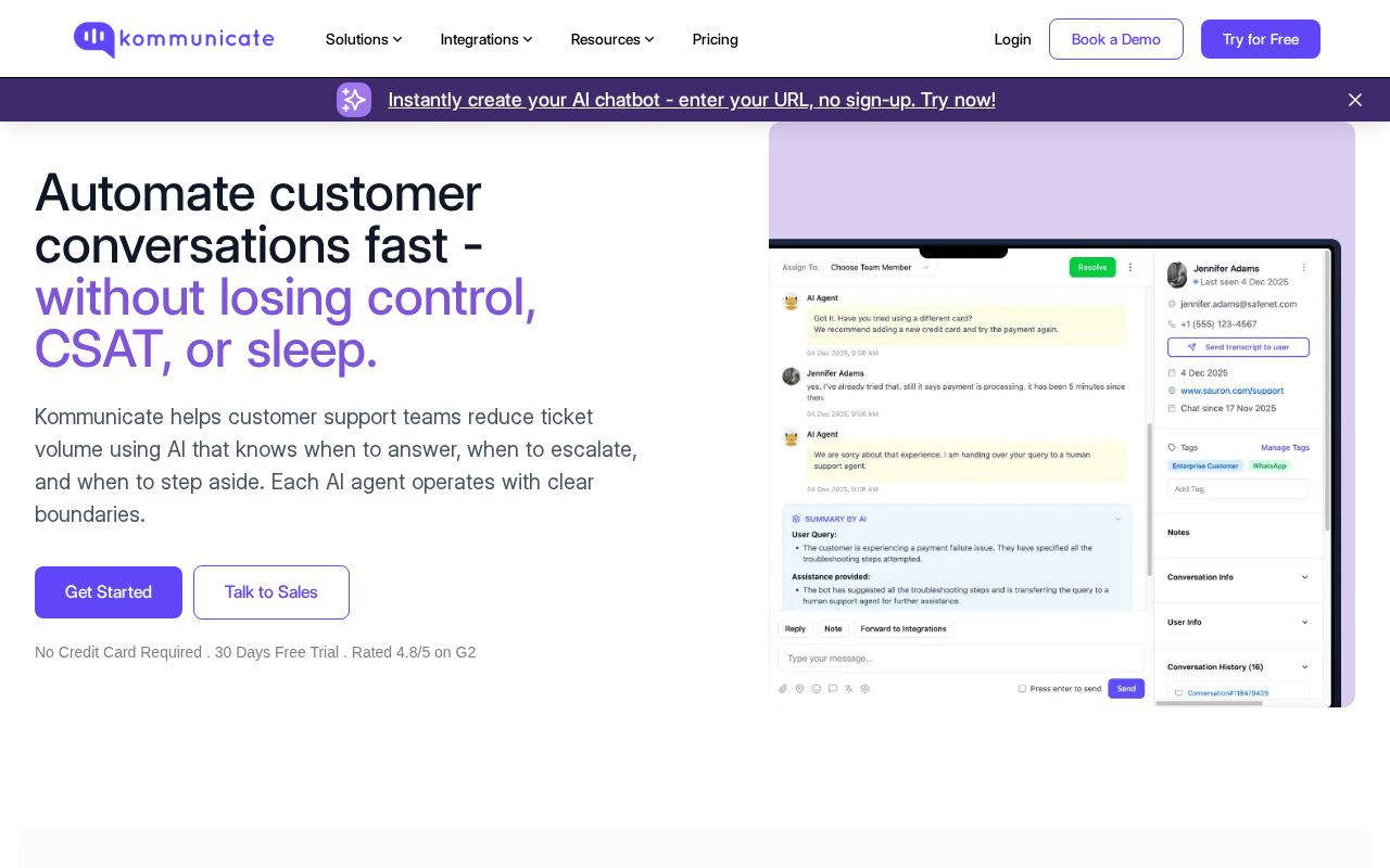 Screenshot of kommunicate.io