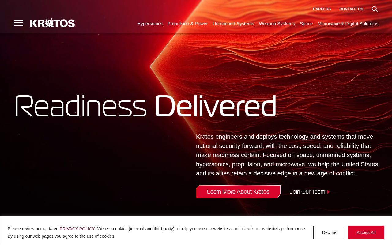 The kratosdefense.com homepage, first screen