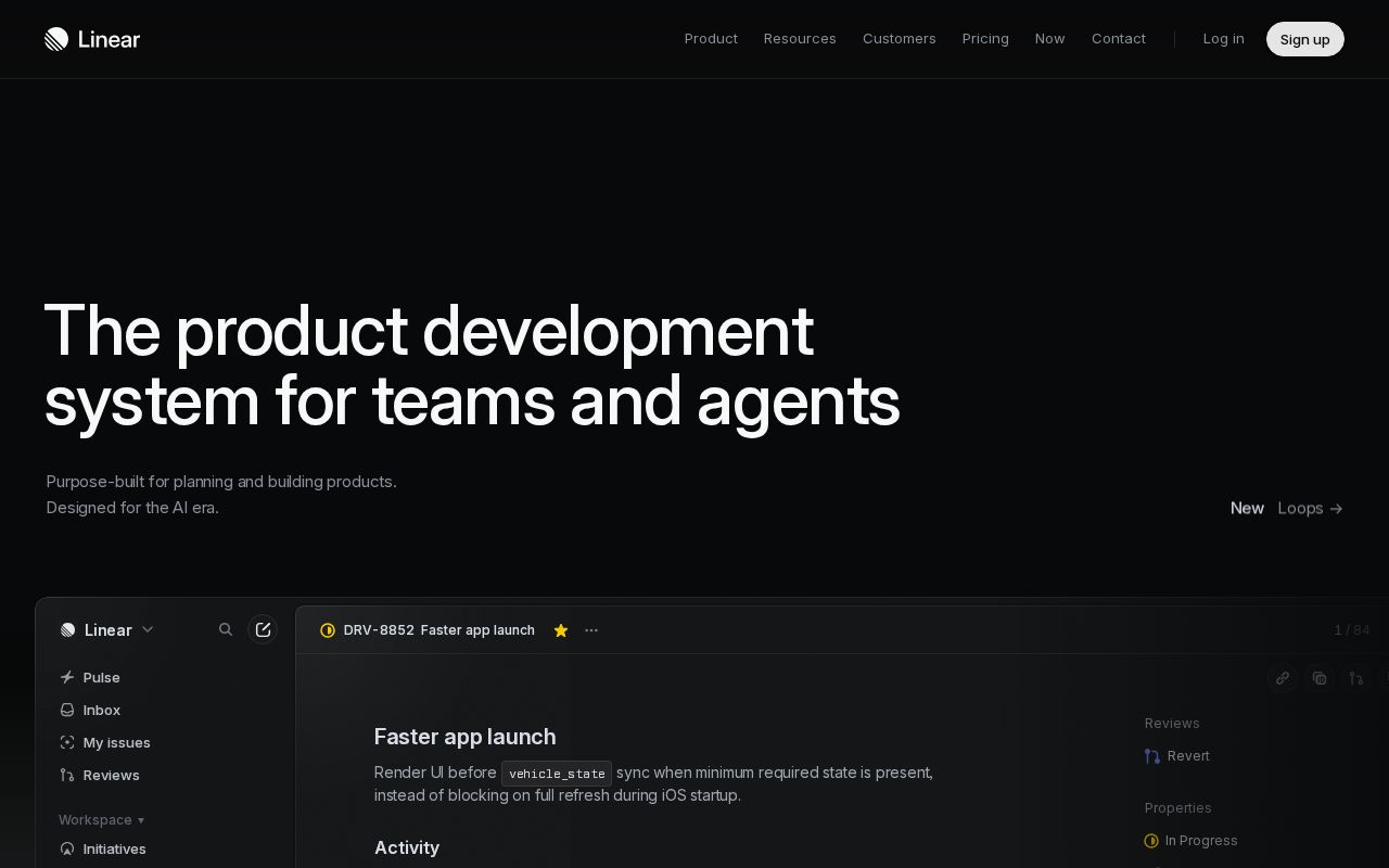 The linear.app homepage, first screen