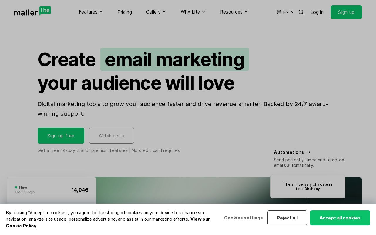 Screenshot of mailerlite.com