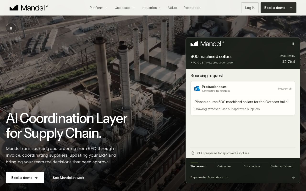 The mandel.ai homepage, first screen