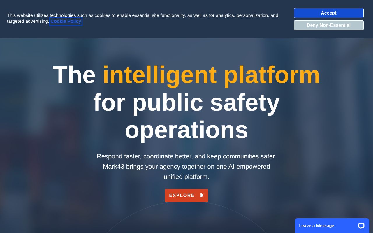 The mark43.com homepage, first screen
