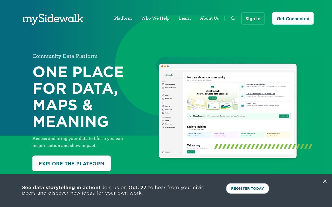 The mysidewalk.com homepage, first screen