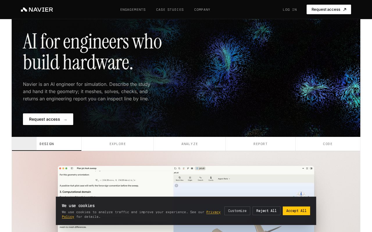 The navier.ai homepage, first screen