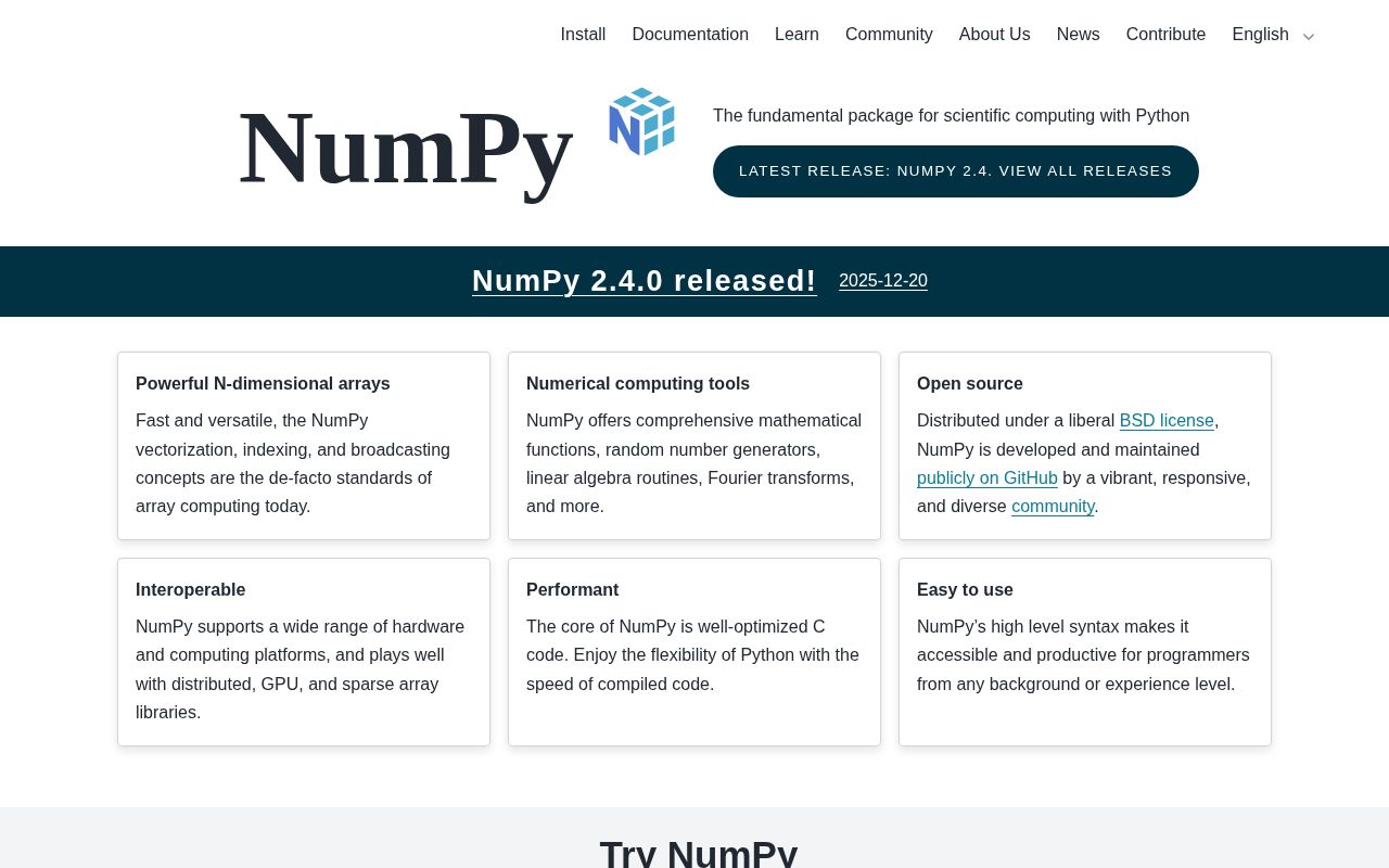 Screenshot of numpy.org