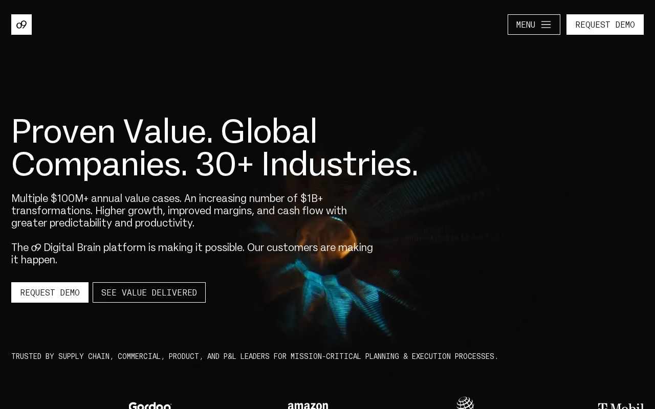 The o9solutions.com homepage, first screen
