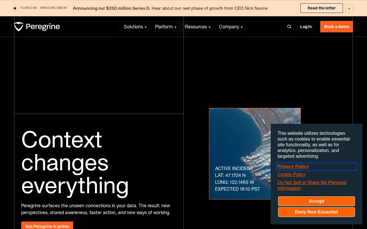 The peregrine.io homepage, first screen