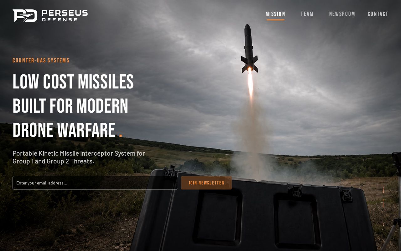 The perseusdefense.com homepage, first screen