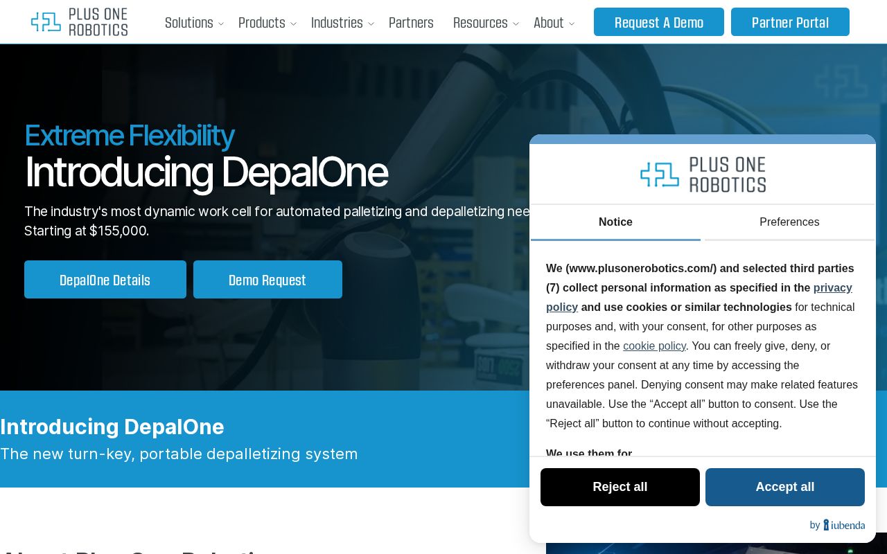 The plusonerobotics.com homepage, first screen
