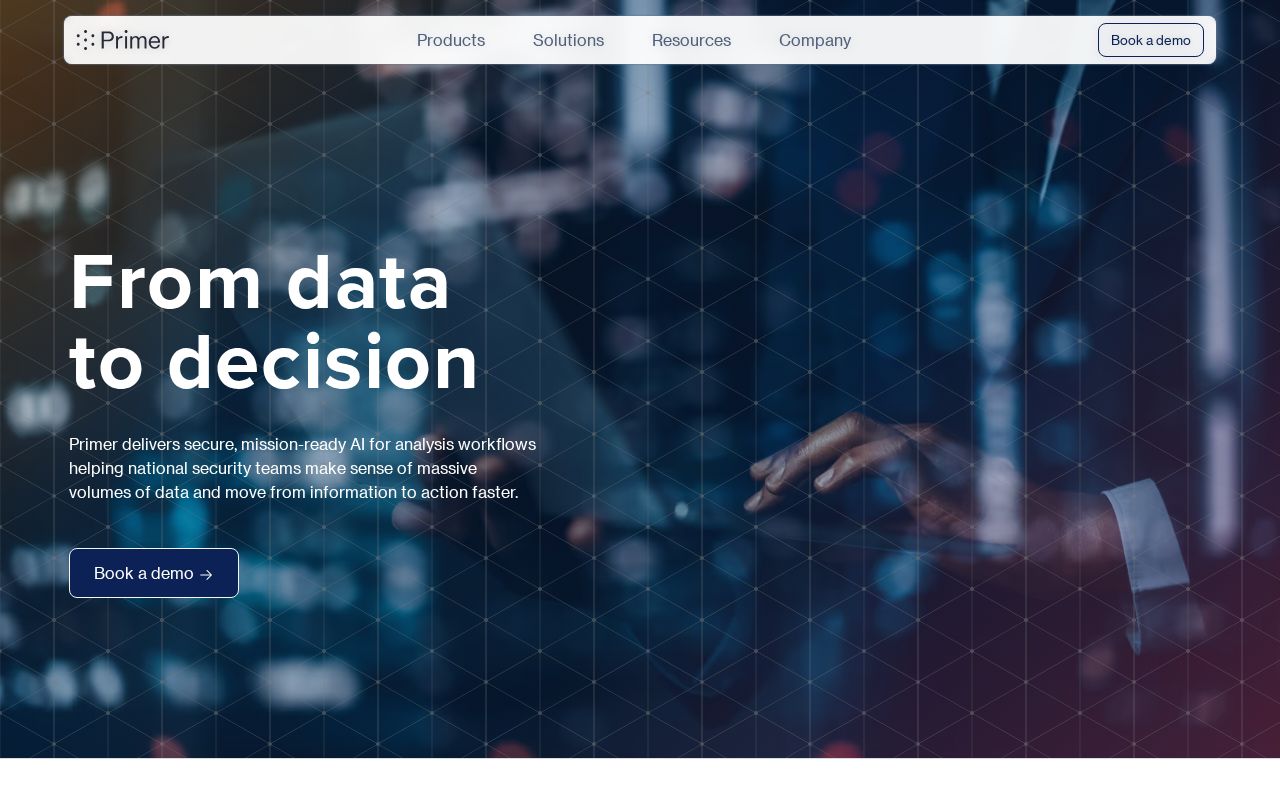 The primer.ai homepage, first screen