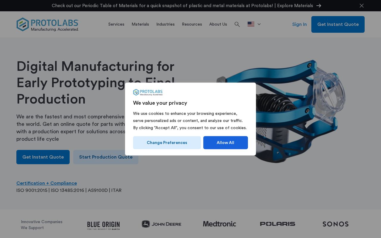 The protolabs.com homepage, first screen
