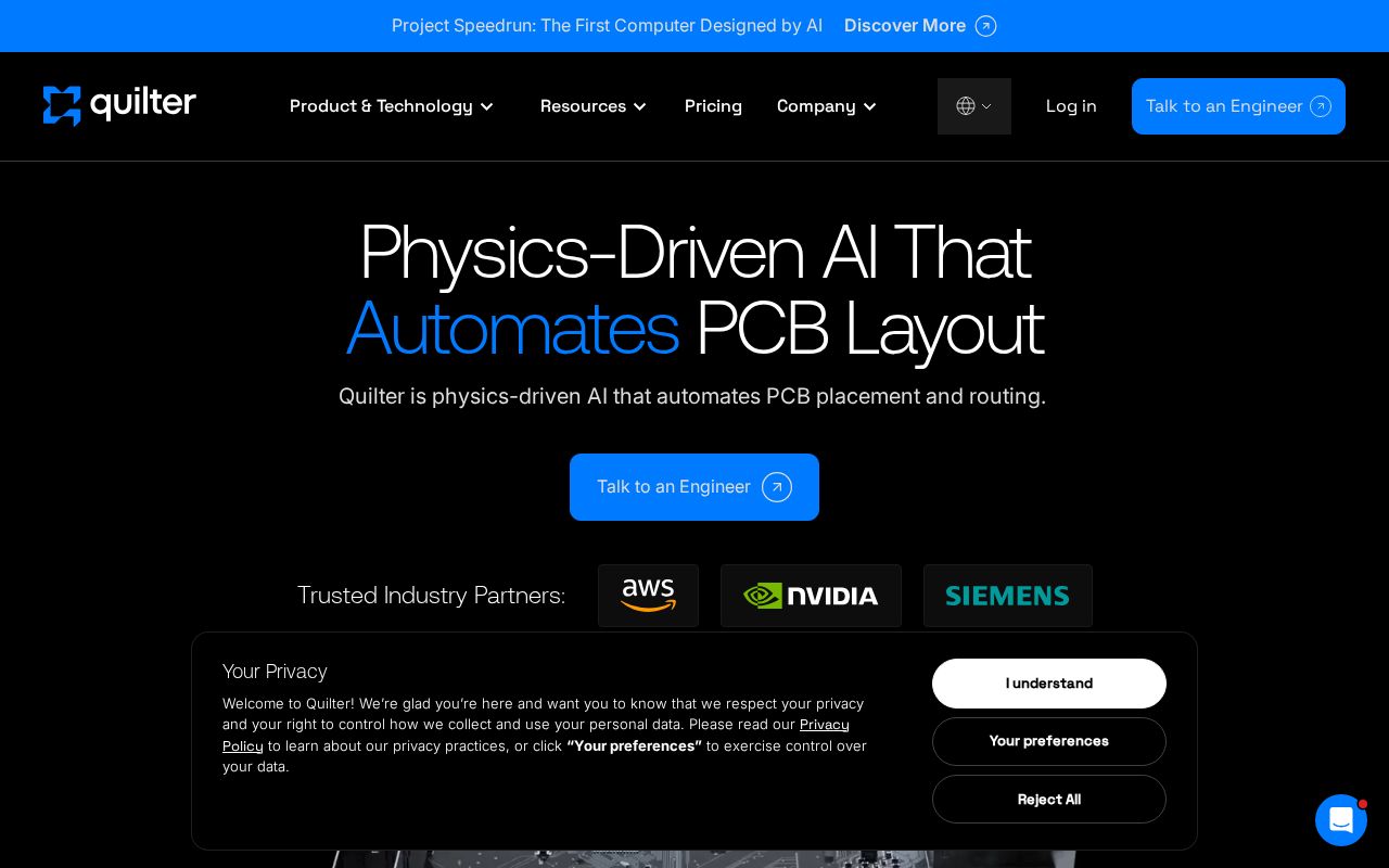 The quilter.ai homepage, first screen