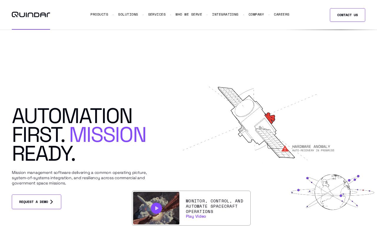 The quindar.space homepage, first screen