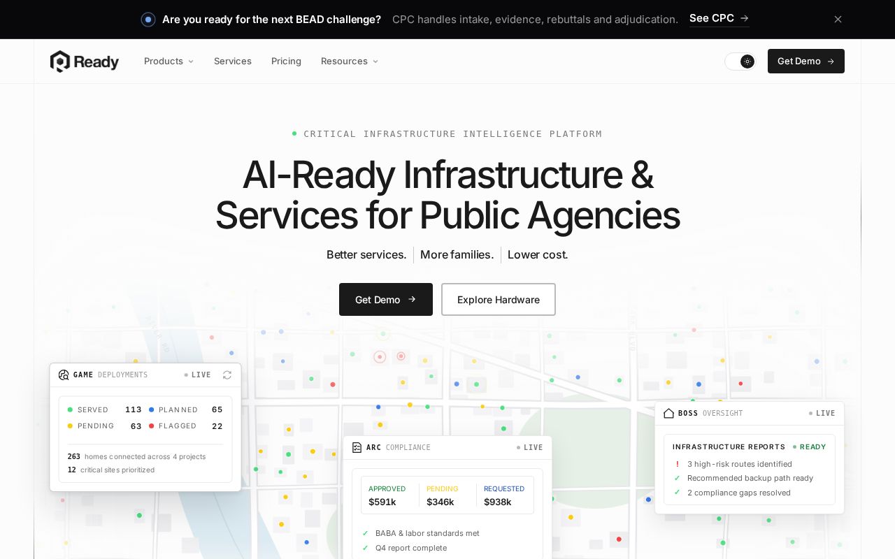 The ready.net homepage, first screen