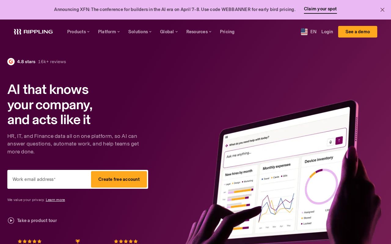 The rippling.com homepage, first screen