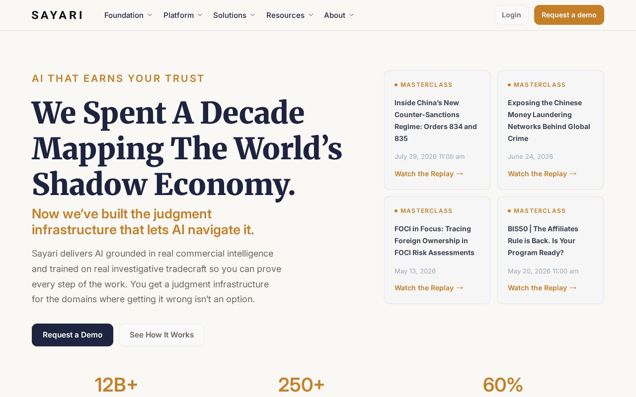 The sayari.com homepage, first screen